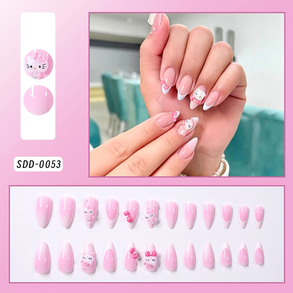 24 Nail Inspo Back To School | Hello Kitty Almond False Nails | Pink Bowknot Full Cover