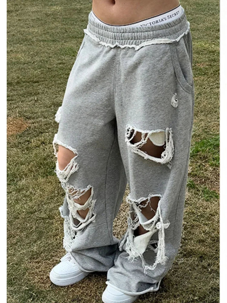 Chinese Street Fashion | Baggy Joggers Women Hip Hop Style Grunge Wide Leg Holes Sweatpants