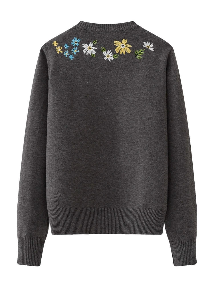 Women's Fashion Versatile Flower Embroidered Knitted Cardigan | O-Neck Long Sleeve Cardigan
