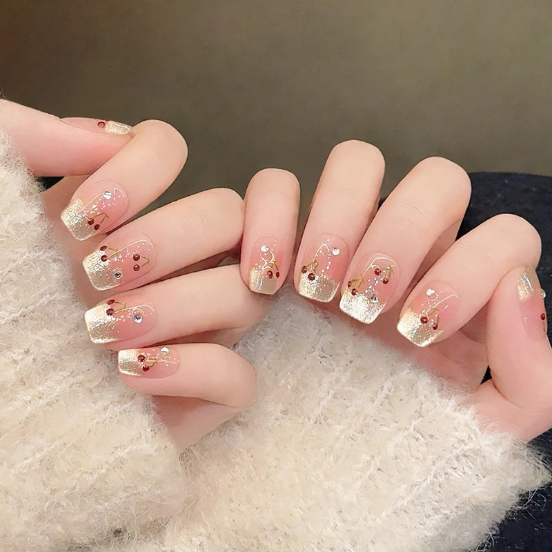 10 French Cat Eye Nails | Press on Nail Fake Nails with Cherry Pattern