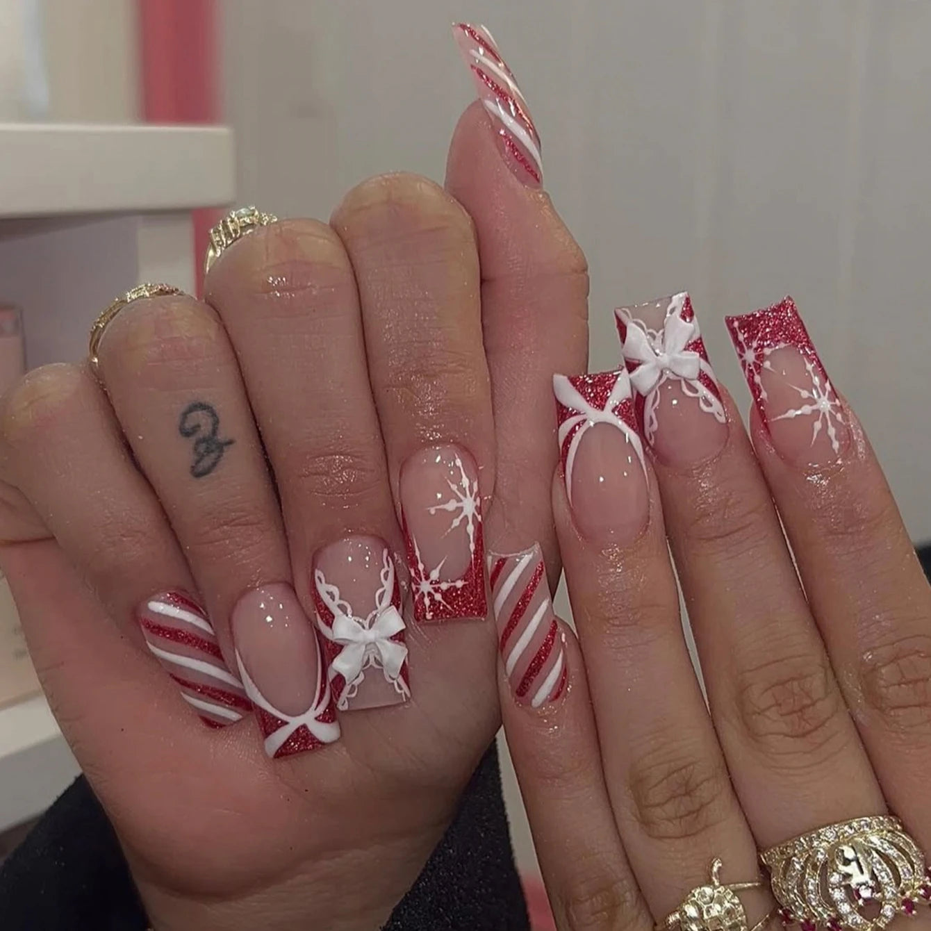 24 Christmas Nail Long | French Pointed Square Fake Nail | Snowflake Bow  Nail