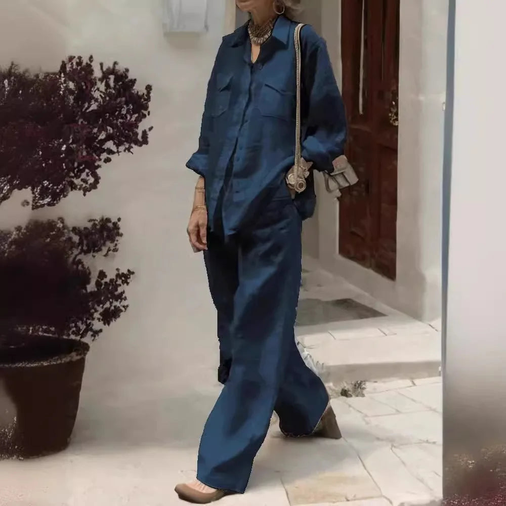 Linen Set Women | Spring Autumn Lapel Shirt Solid Pocket |  Wide Leg Pants | Two Piece Sets