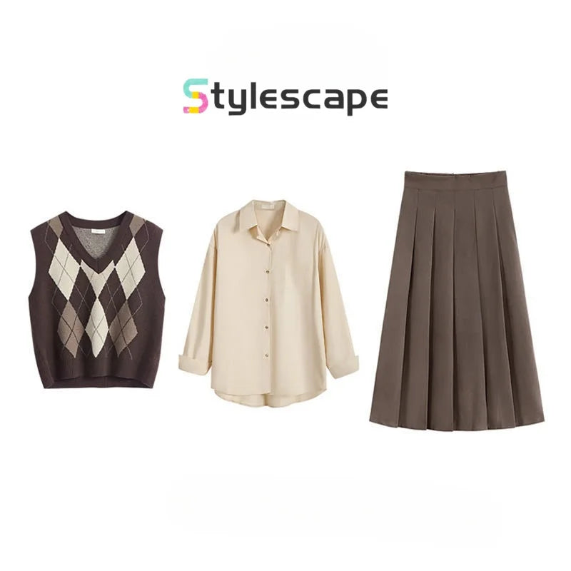 Autumn Fits | Large Size Knitted Vest Shirt Layered Three Piece Set for Women