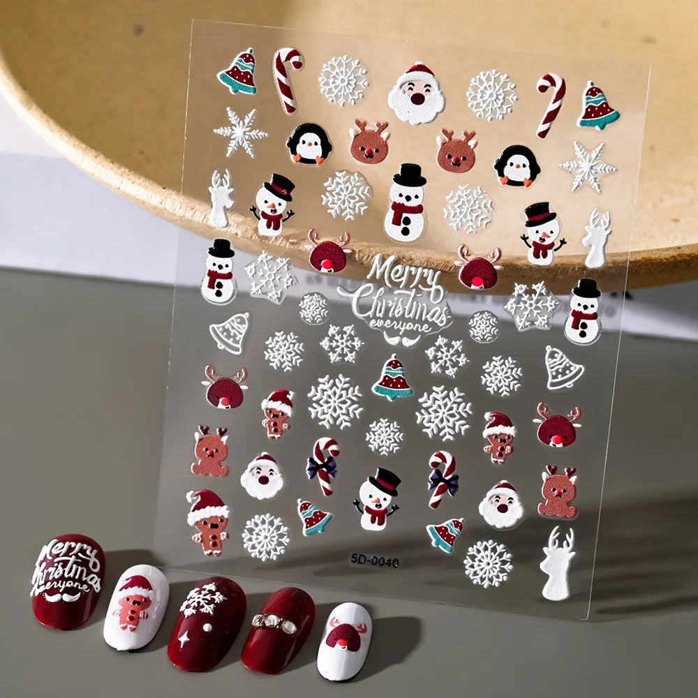 Snowflakes Nail Stickers | Christmas White Snowflakes Nail Art Sticker | 5D Embossed Cartoon Xmas Manicure