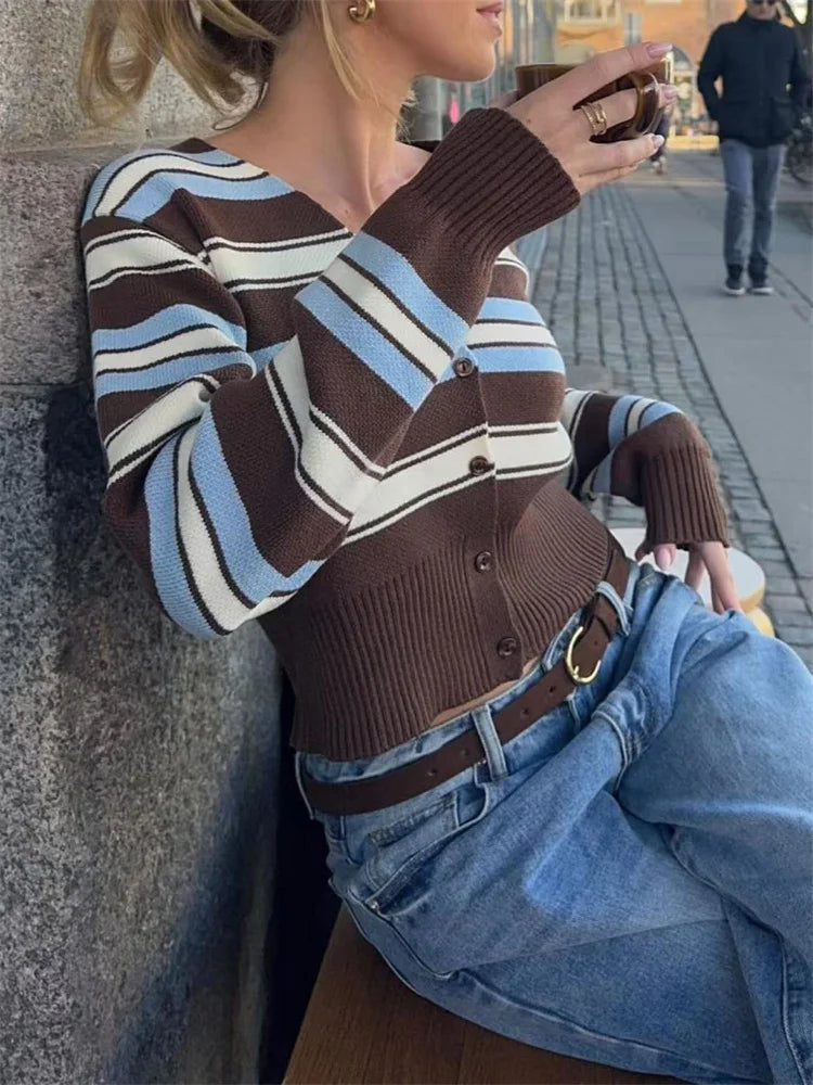 Tossy Striped Knit Cardigan Coat Women | V-Neck Contrast Loose Patchwork Long Sleeve Stitch Sweatshirt