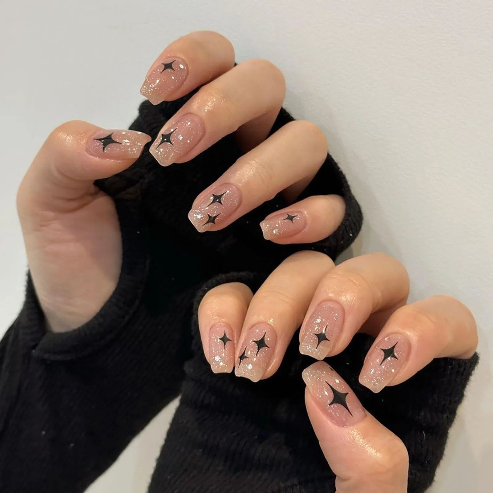 Clear Pink Nails With Design | Stars Printed Long Lasting False Nails
