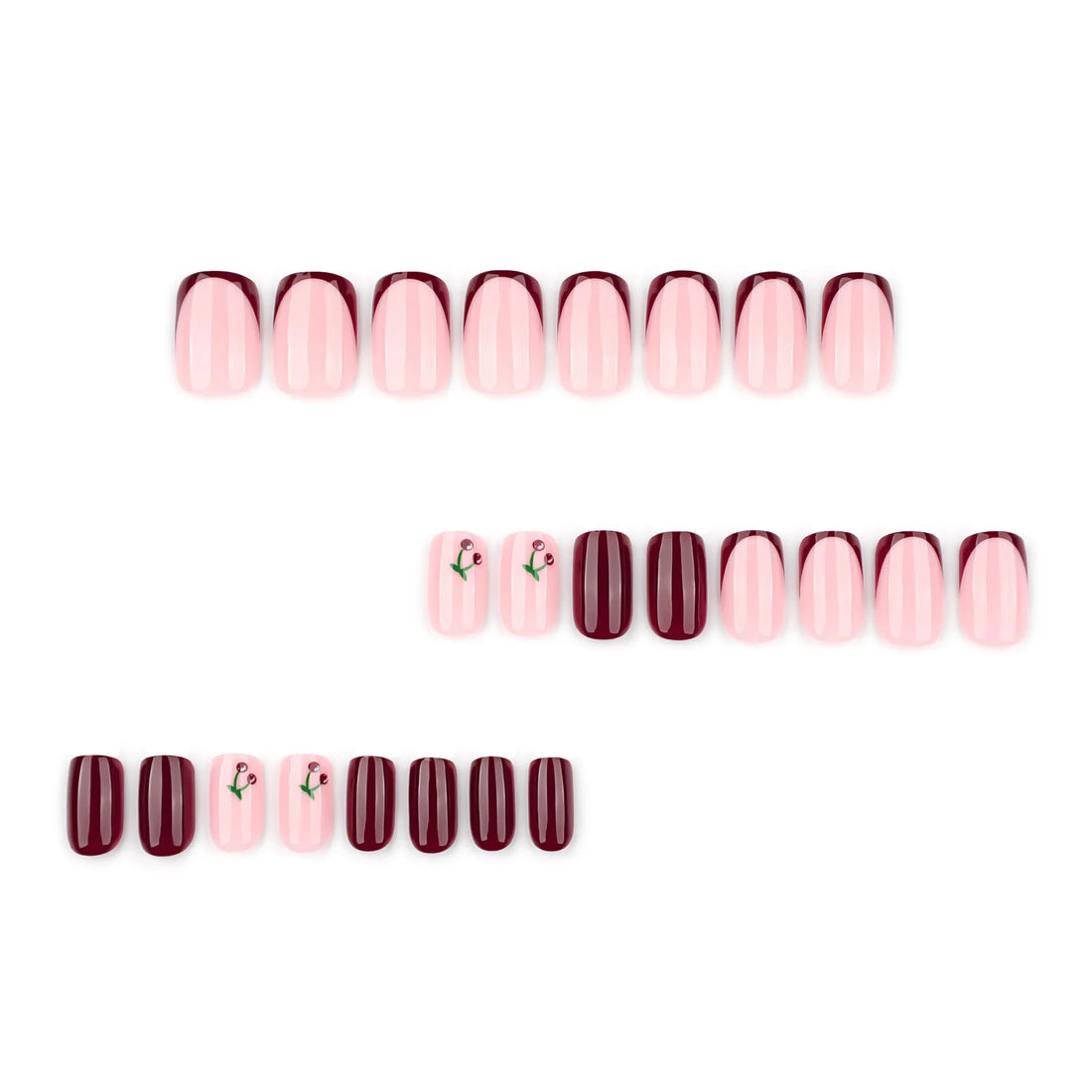24 Cherry Nails French Tip | Short Square Nails Cherry-shaped Press-on Full-coverage Nail Stickers