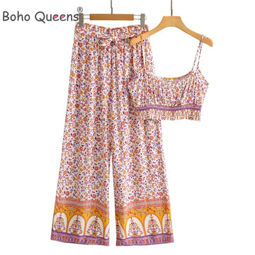 Boho Queens Floral Two Piece Outfits | Strap Sleeveless Tops Bohemian Pants 2 Pieces