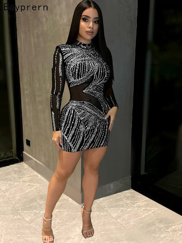Beyprern Women's Black Mesh Rhinestone Decor Dresses To Wear In Engagement Party