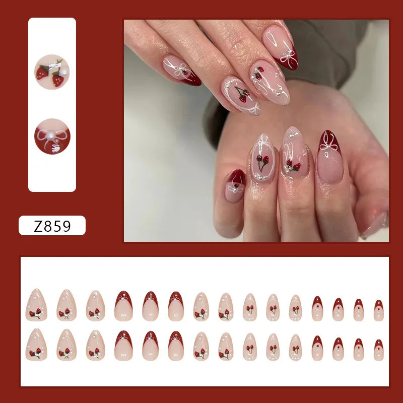 24 Cherry Red False Nails | Fake Nails Wearable Full Cover Korean Style Almond Press on Nails
