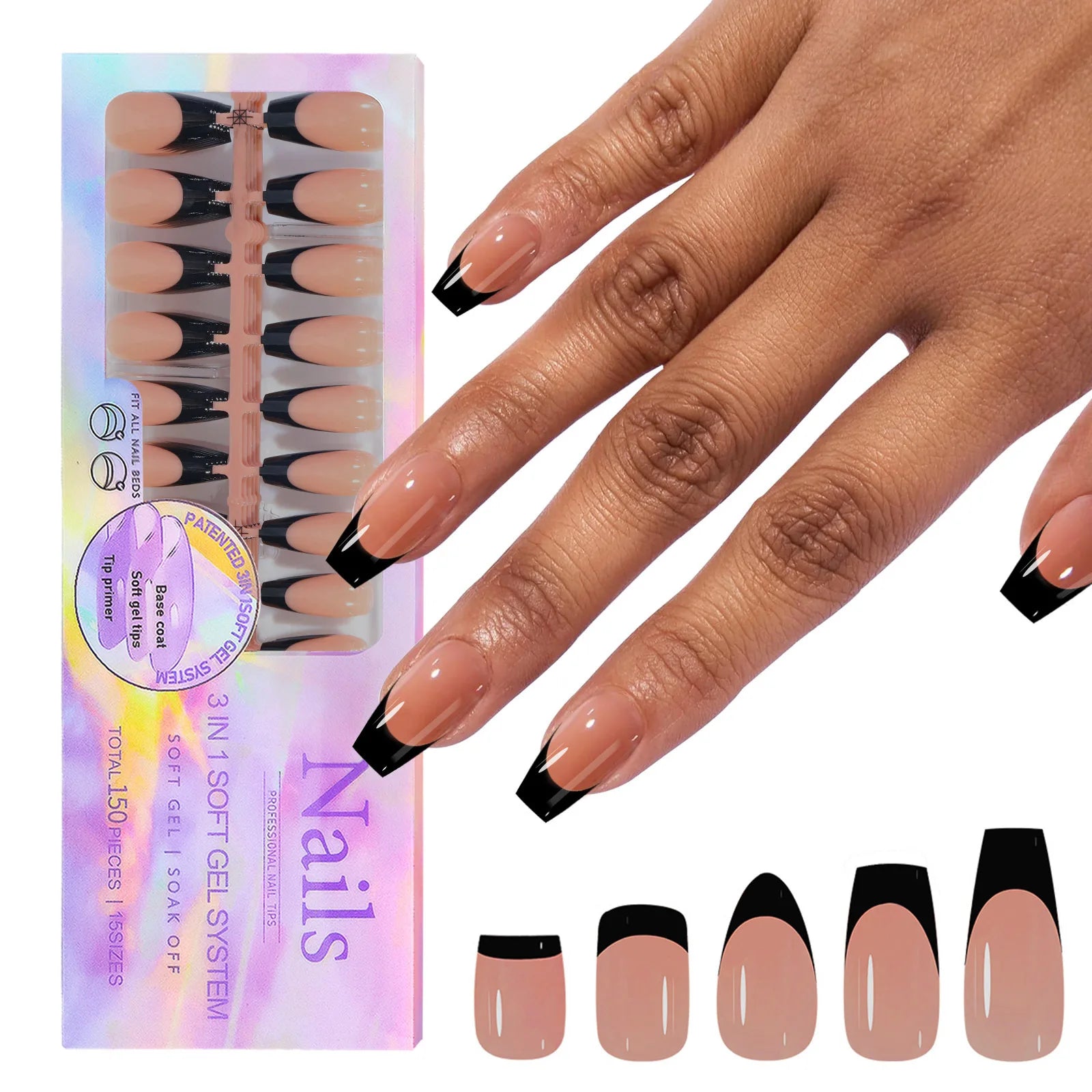 150Pcs/Box Coffin Almond Nail Shape | Artificial Acrylic Patches Reusable Press On Nail Tips