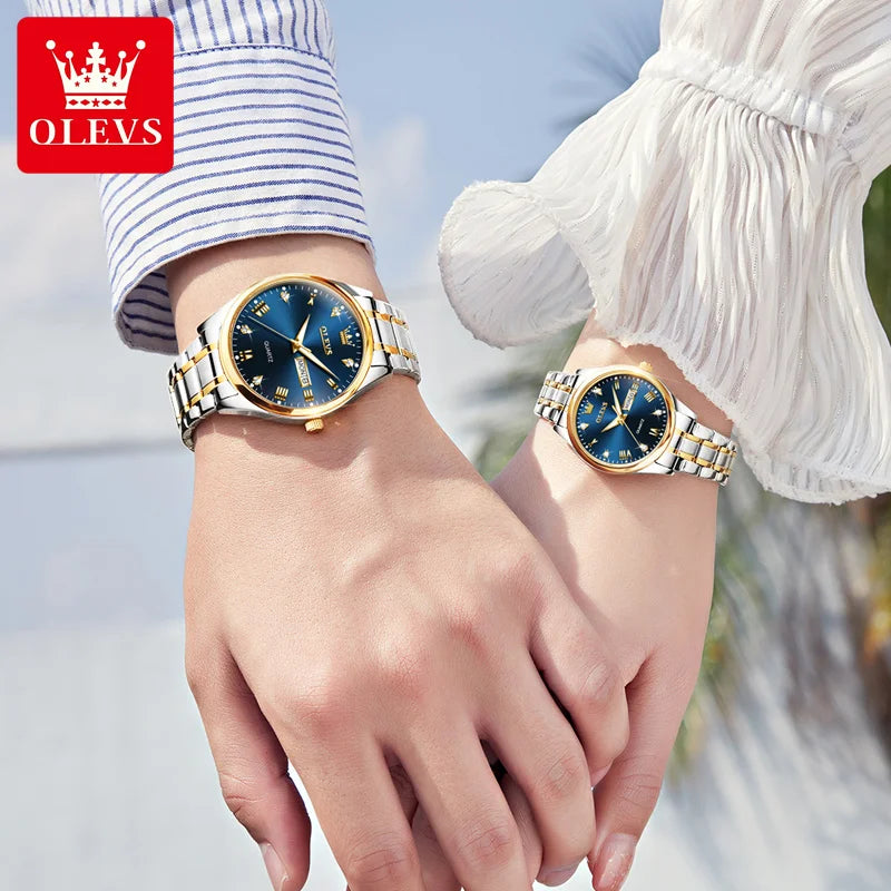 OLEVS Branded Couple Watch Set | Dual Calendar Waterproof Watch Fashion | Quartz Couple Watch