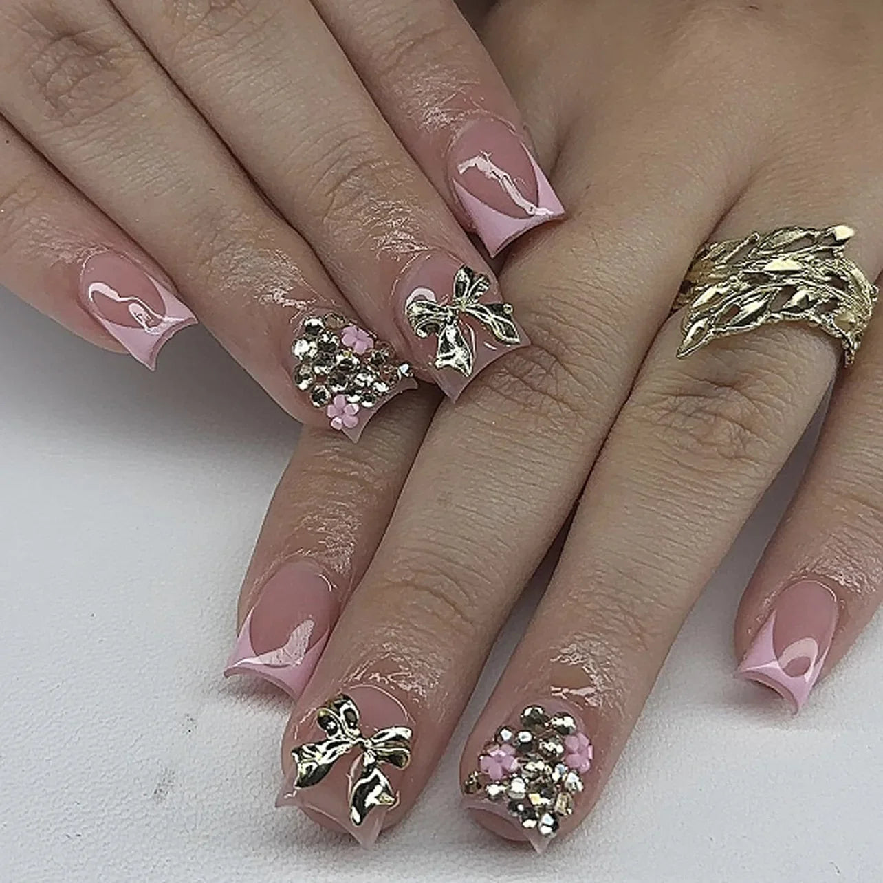 24Pcs 3D Bowknot leopard print french tip nails square