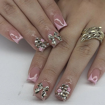 24Pcs 3D Bowknot leopard print french tip nails square