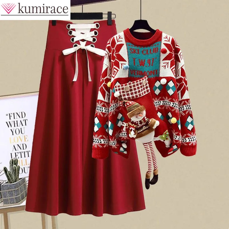 New Christmas Sweater | Knit Pullover Lace Up Pleated Half Dress | Two Piece Elegant Women's Dress