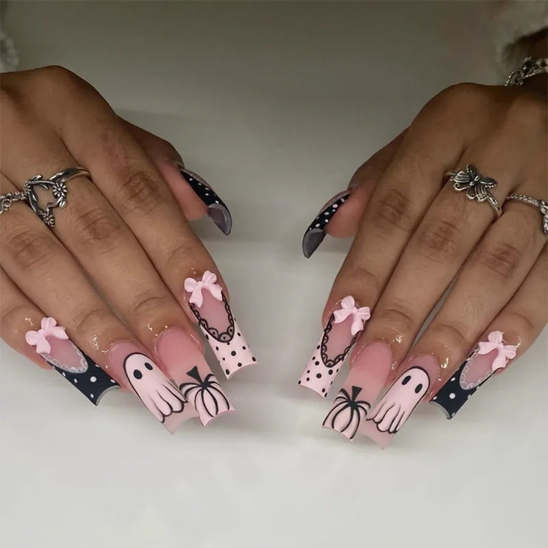 24 Pink Bow Nails | European Fake Nail Tips |Halloween Ghost Press on Nails