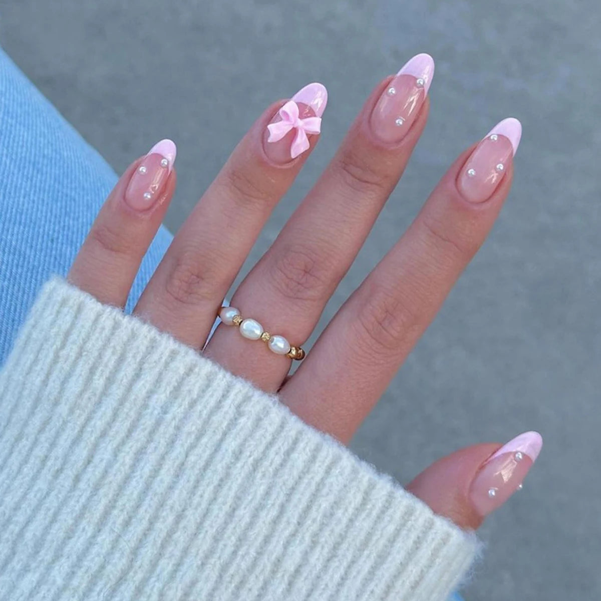 24Pcs Clear Pink French Nails | Pearl Bows Fake Nails Set