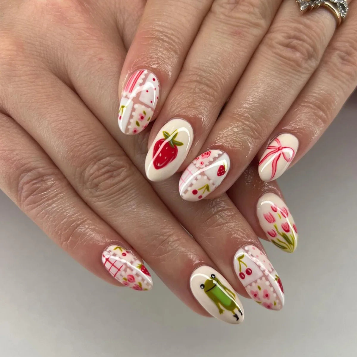 Strawberry Cherry Nails | Short Round Head Fake Nails | Sweet Strawberry Cherry Flower Bowknot | 24 Nails for Girls