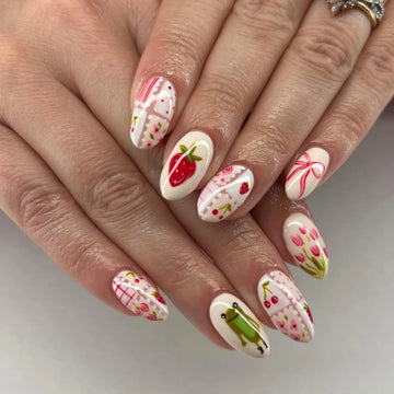 Strawberry Cherry Nails | Short Round Head Fake Nails | Sweet Strawberry Cherry Flower Bowknot | 24 Nails for Girls