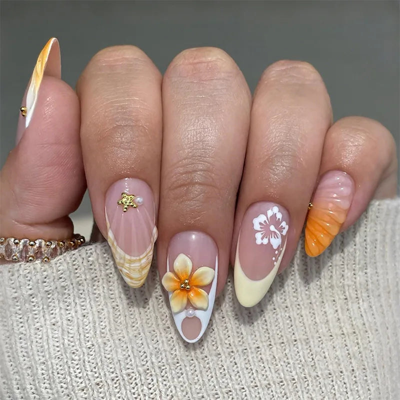 24 Medium Almond Nails Designs | Gradient Pink Flower Pearl Design False Nail