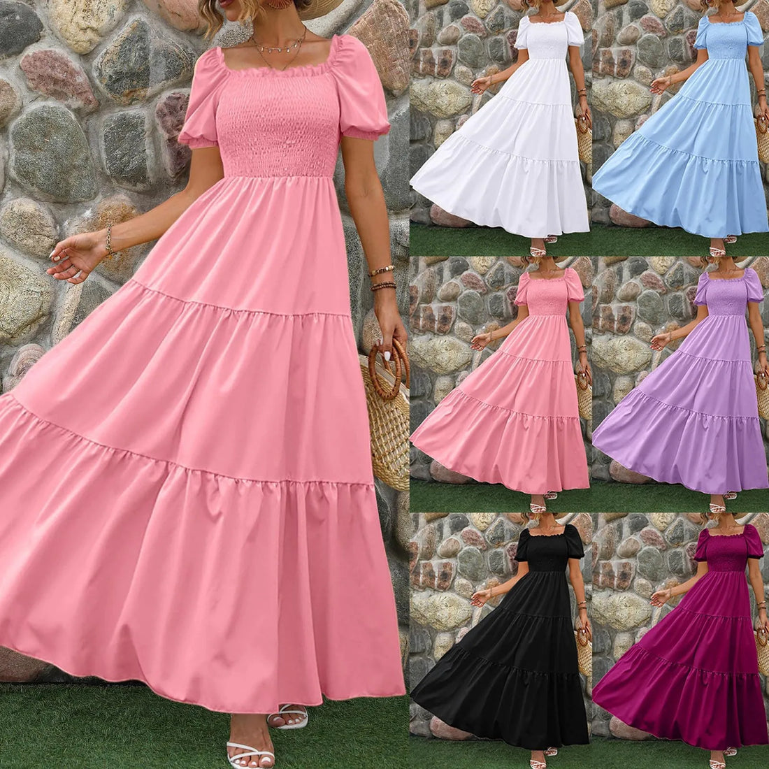 Puff Sleeve High Waist Square Neck Summer Party Dress