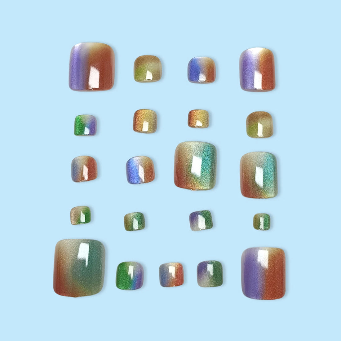 24 Colorful Toe Nail Designs | Cat Eyes Short Square Press On Toes Nails | Summer DIY Manicure