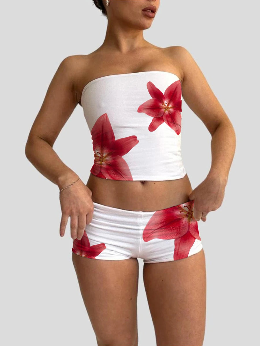2025 fall fashion trends | Sexy Women 2 Pieces Short Suits Y2k Grunge Flower Print Strapless Tube Tops & Shiny Shorts