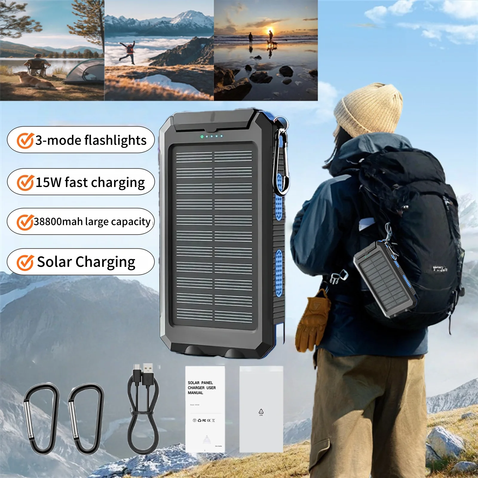 Waterproof 38800mah Power Bank - Dual USB SolarCharger Powerbanks
