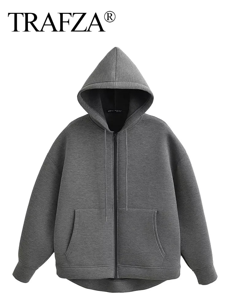 TRAFZA Women's Zipper Hoodie | New Women's Street Double Pockets Jakcet