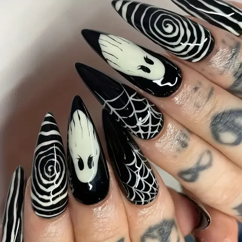 24 Ghost Press on Nails | Personalized Cobweb Pattern Teardrop Nails Full Cover False Nail