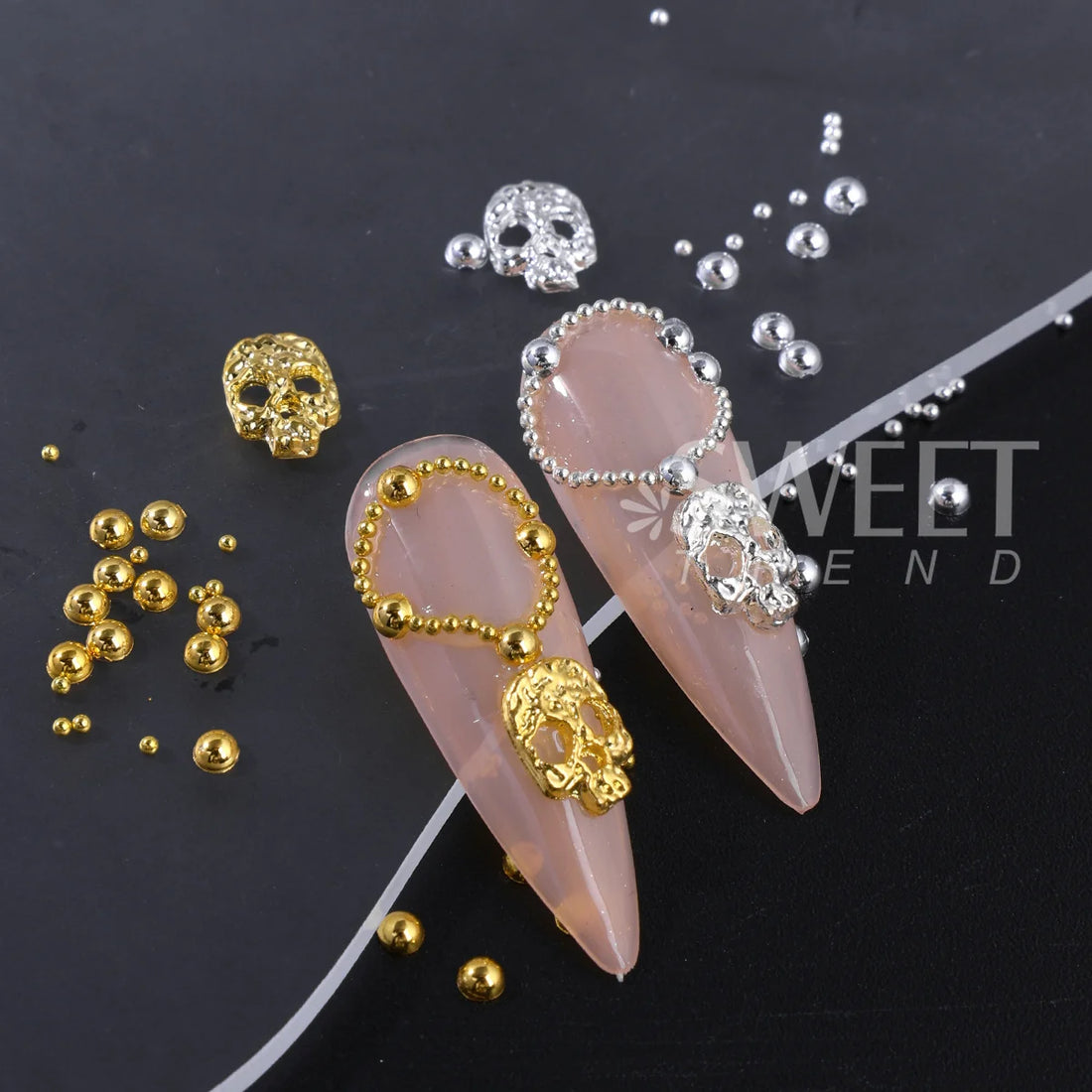 Alloy Halloween Design Nail Art | Charms Punk Gold Silver Half Round Beads Skull Jewelry Pearl Decor Accessories