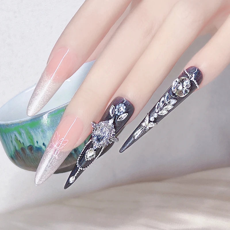 4 Piece Black Stiletto Nails Designs with Silver Gemstone Chain Decor Long Stiletto Shape