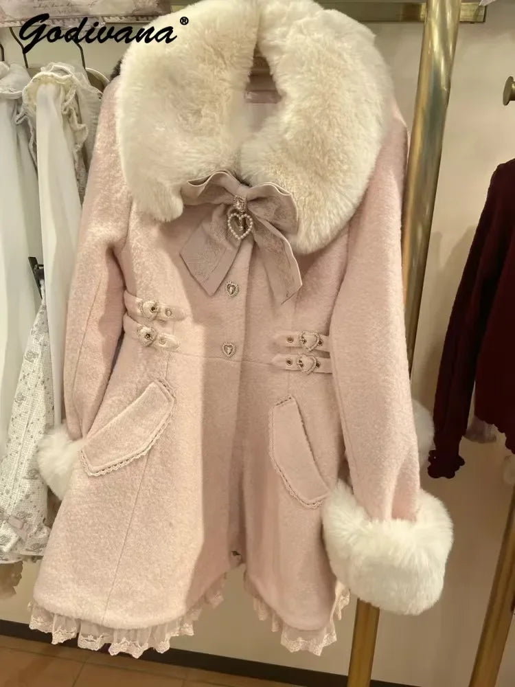 Latest Long Coats For Ladies | Winter New Japanese Sweet Bow Slim Medium Long Woolen Coat