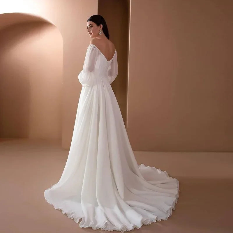 Wedding Dresses for Woman Elegant Long Puff Sleeve White Maxi Dresses Evening Party Outfit Strapless Backless Floor-Length Dress