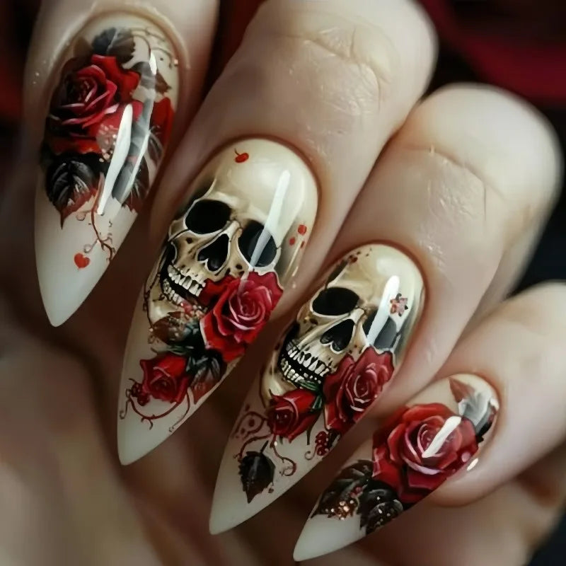 24 False Nails For Halloween for Girls | Almond Press on Nails To Stick Nude Rose Skull Decorations