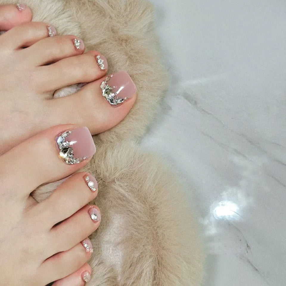 24pcs Summer Bling Toe nail Designs | Sweet Pink Fake nail Patch | Wearable Detachable TToenails