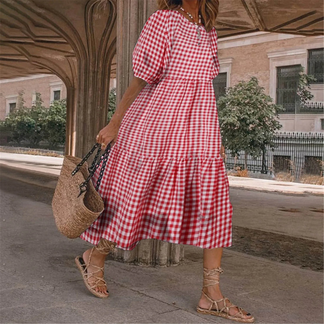 Summer Plaid Maxi Dress with Puff Sleeves and O-Neck