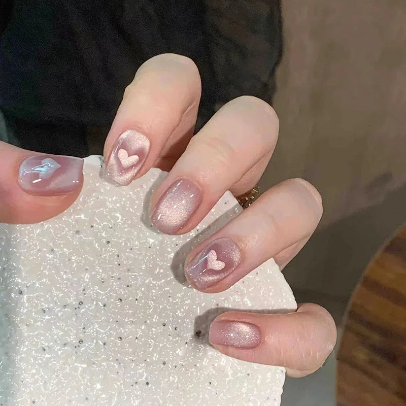 24 pcs Valentine Nails Design | French cat eye love nails +1 nail glue +1 nail file
