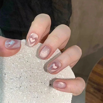 24 pcs Valentine Nails Design | French cat eye love nails +1 nail glue +1 nail file