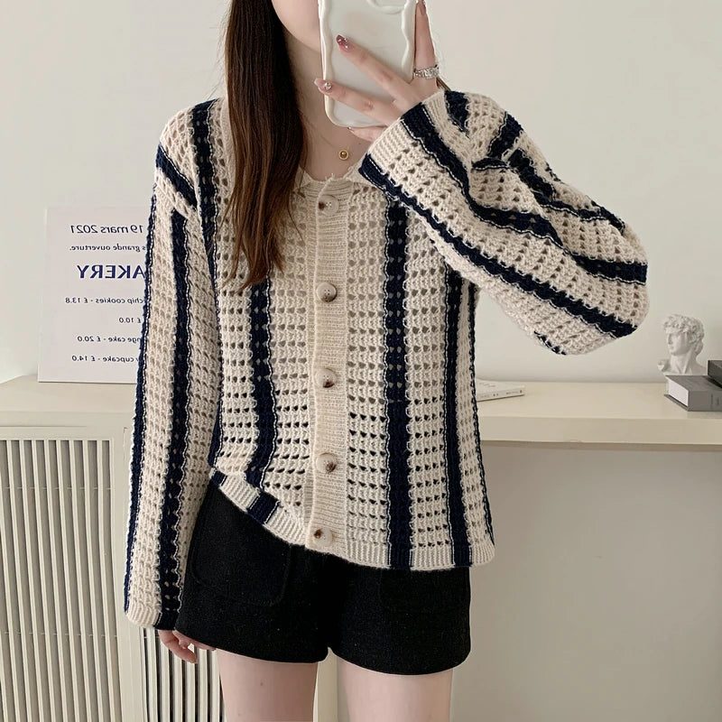 Fashion Lapel Striped Cardigan Sweater | Women Long Sleeve Knitted Coats