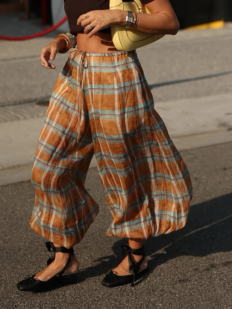 Women Checkered Lace Up Bloomers High Waisted Pants | Street Loose Outerwear
