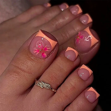 Orange French Summer 3D Flowers Nail Art Wearable Fashion Fake Toenails Detachable Finished Toe False Nails Press on Nails