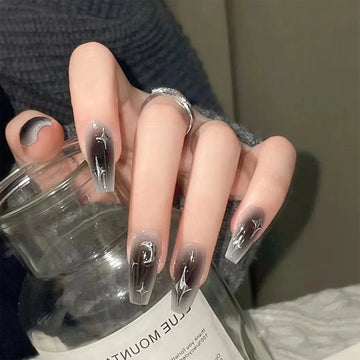 24 Back To School Nails Inspo | Y2k Fake Black Nail Long Ballet | Reusable Press on Set Nails
