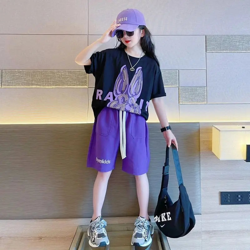Summer Girls Cartoon T-Shirt | Outfits For 10 Year Olds Girl | School Kids 2PCS Tracksuit Children Jogging Outfit 2-14 Yr