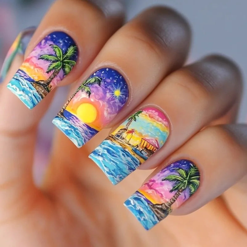 24PCS Summer Square earth tone nails Designs