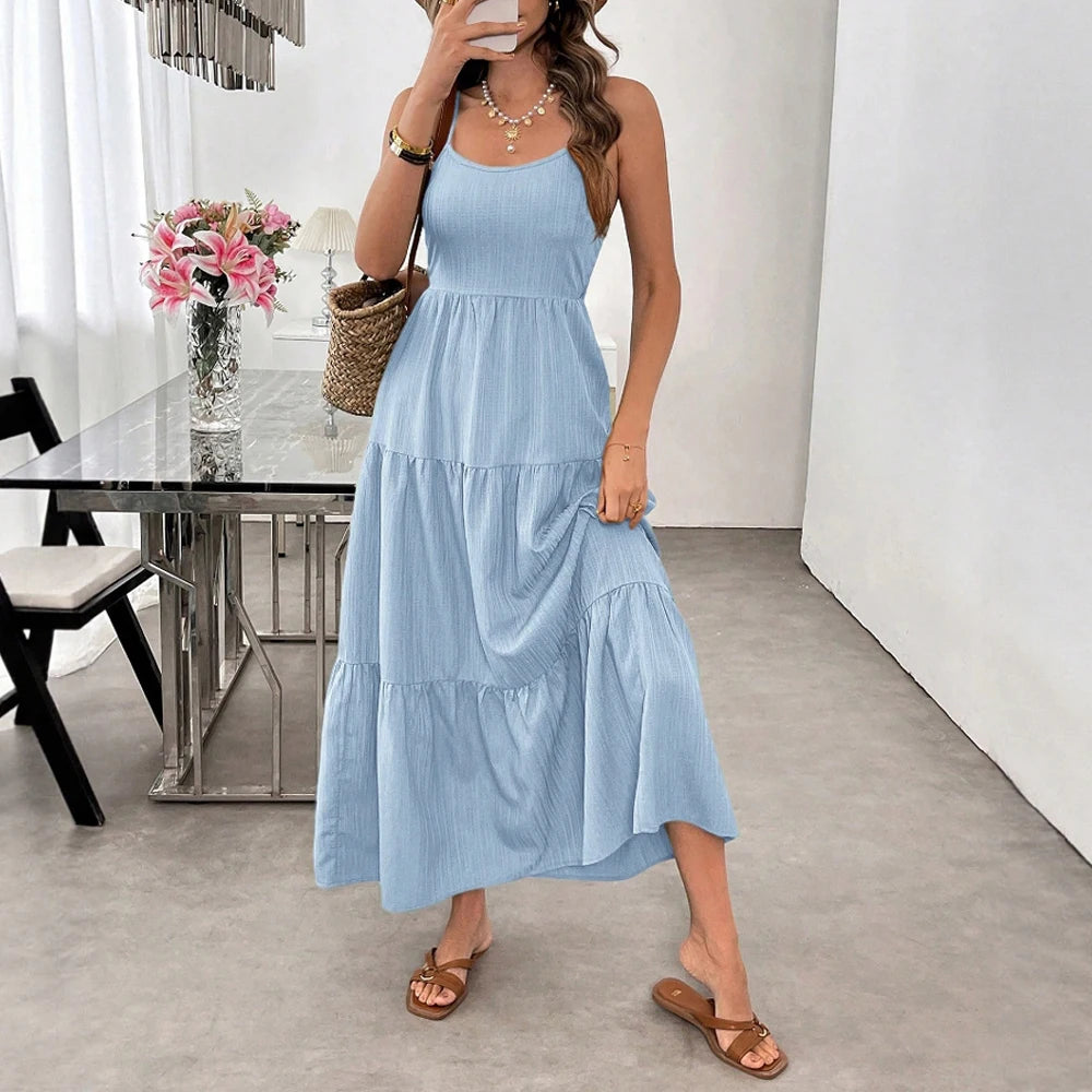 Street Wear Outfits | Women's Beach Plain Bowknot Backless Spaghetti Strap Scoop Neck Layered Midi Dresses