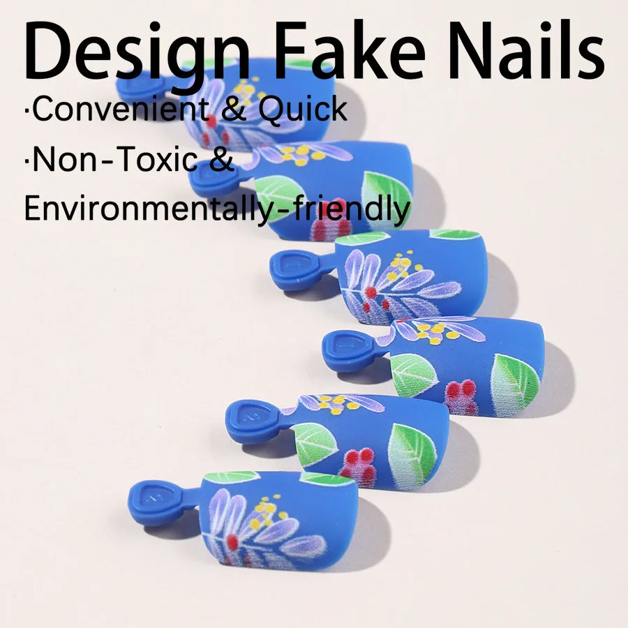 24 Blue Toe Nails | Flowers Fake Toenails Wearable Full Cover Summer Manicure