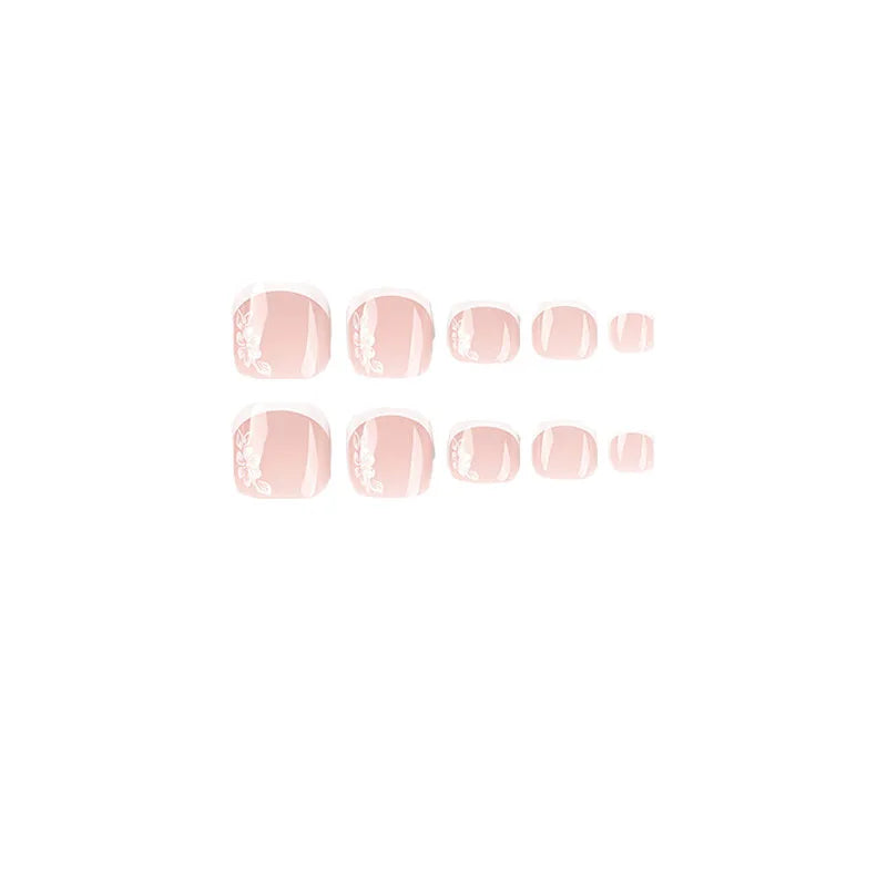 24 White flower French press-on toenails with nude pink base