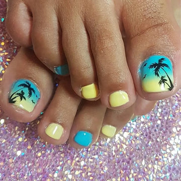 24pcs toe Nail Designs For Summer | Yellow Blue Gradient False Nails | Reusable Coconut Tree Print Fake Toenails