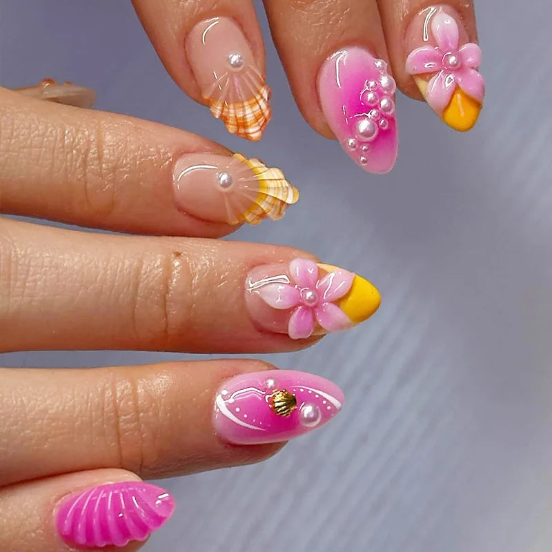 24pcs Cute Valentine Nails Designs | Seashell Pattern French Style Fake Nails